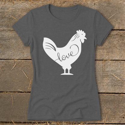 Dark grey t-shirt with a white silhouette of a rooster containing the word "love".