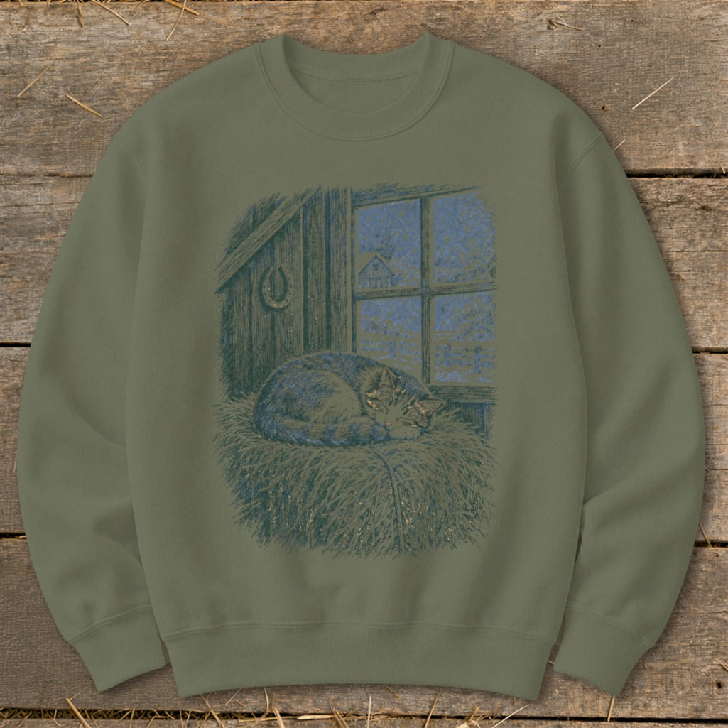 Cat sleeping on hay bale in front of a barn window with snow outside.