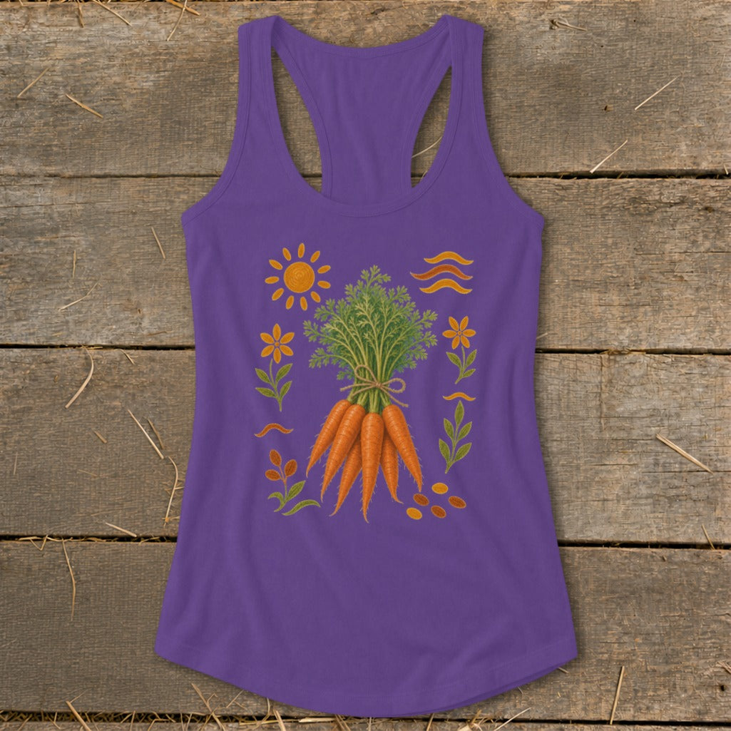 Purple tank top with a bunch of carrots and garden motifs.