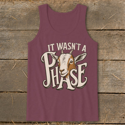Maroon tank top with a goat graphic and "IT WASN'T A PHASE" text.