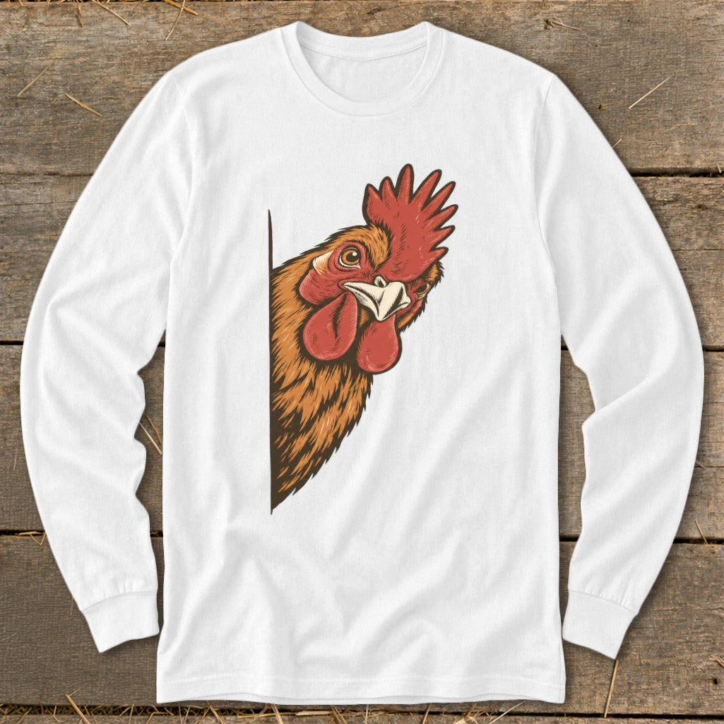 White long-sleeve shirt with a peeking rooster graphic on the left side.