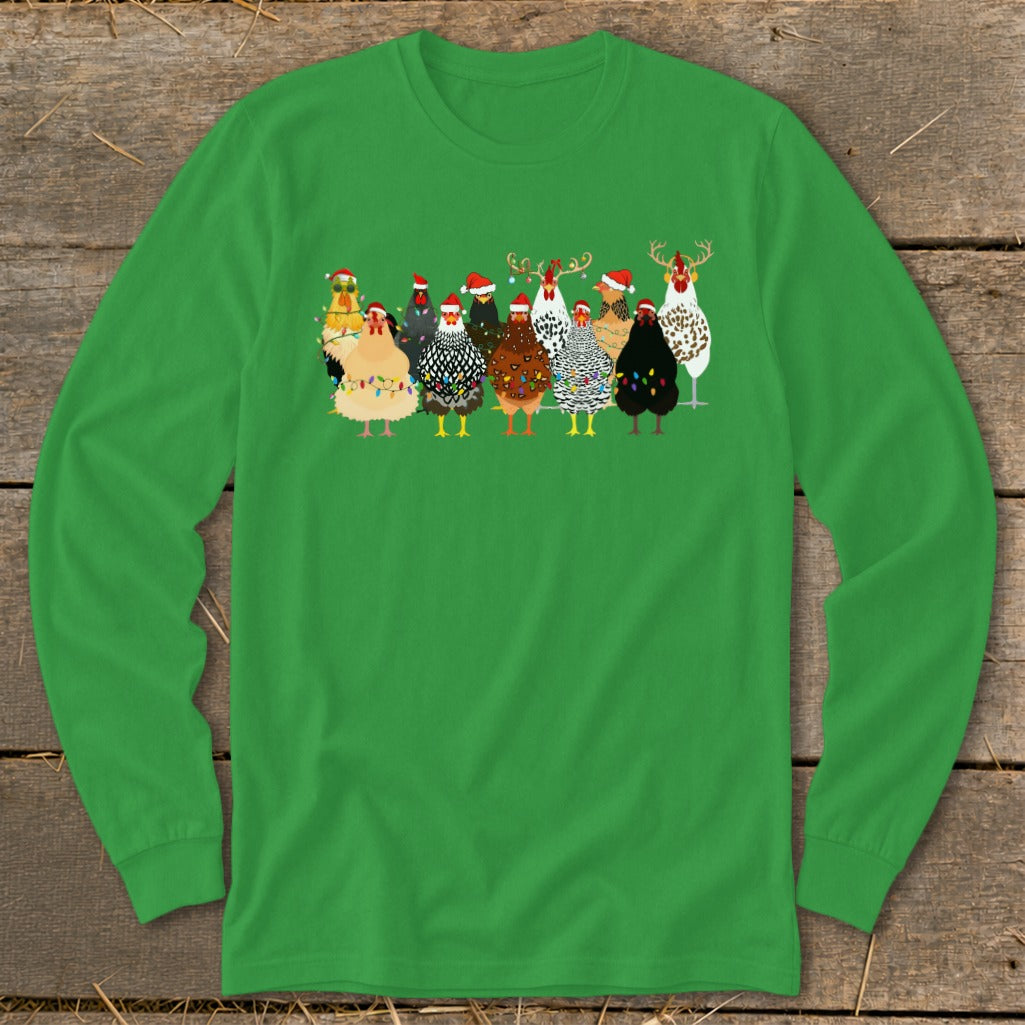 Group of chickens wearing Santa hats and Christmas lights, with reindeer antlers on two.