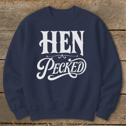 Navy crewneck sweatshirt with white "HEN Pecked" text design