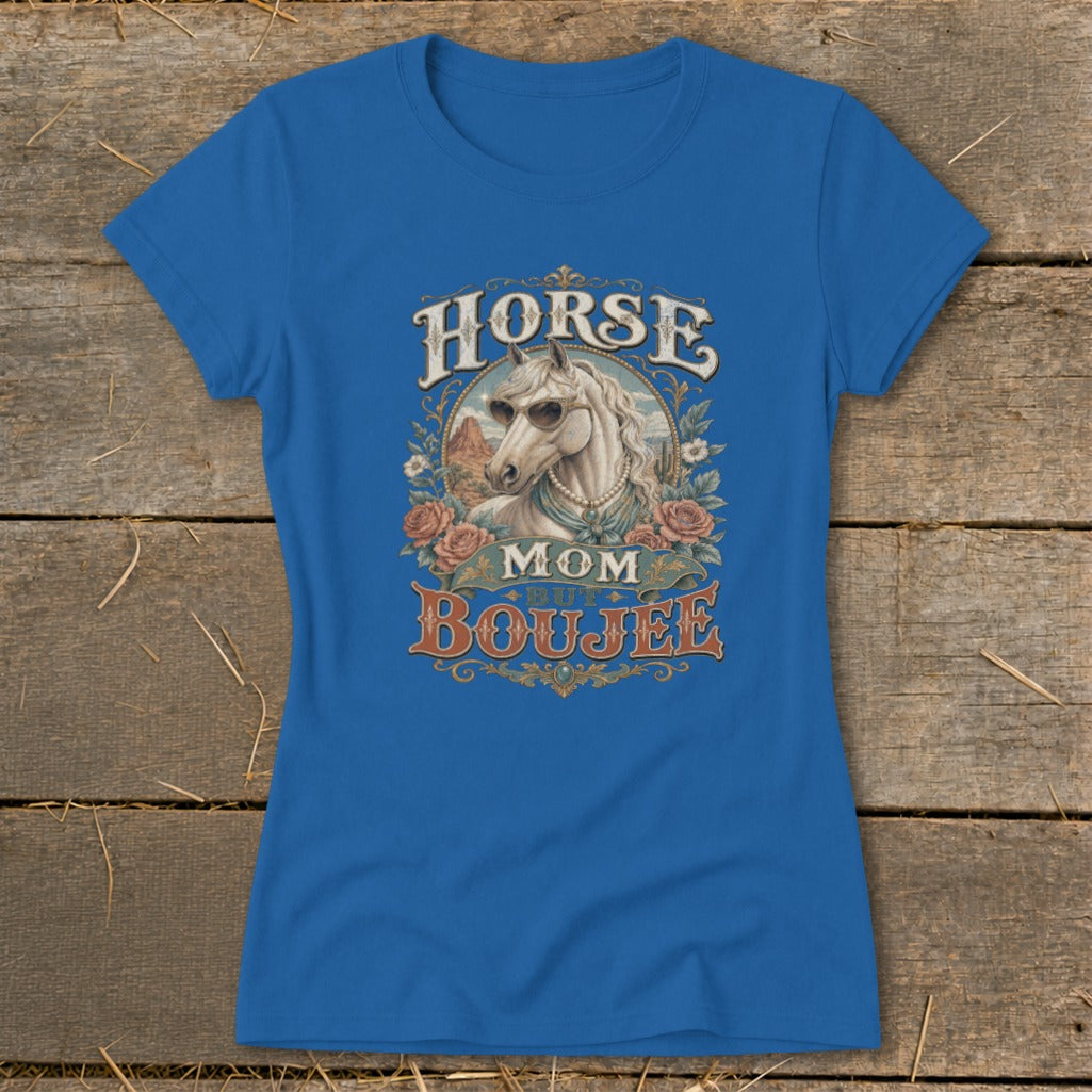 Blue t-shirt with "HORSE MOM BUT BOUJEE" text and horse graphic.