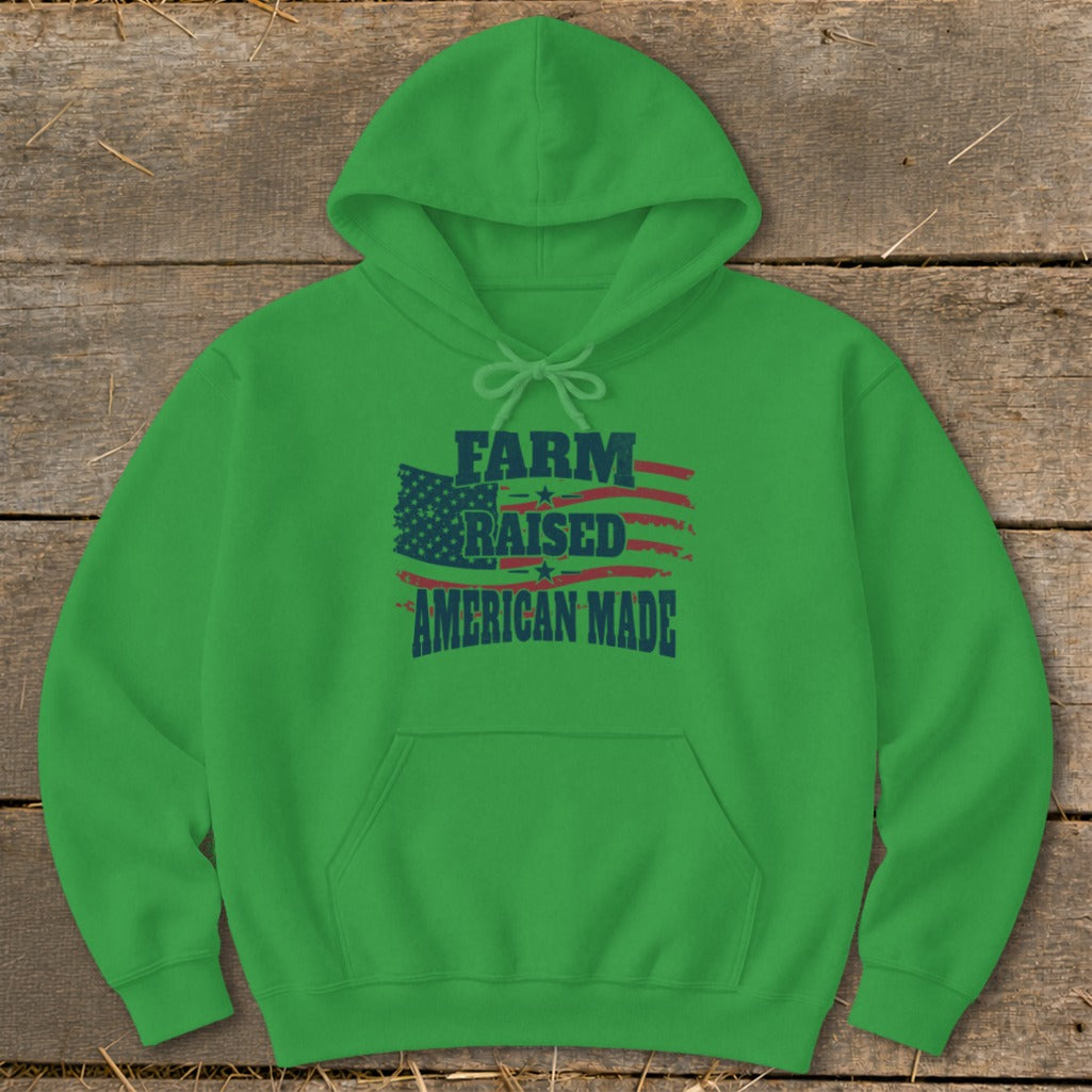 Green hoodie with American flag graphic and text reading "FARM RAISED AMERICAN MADE".