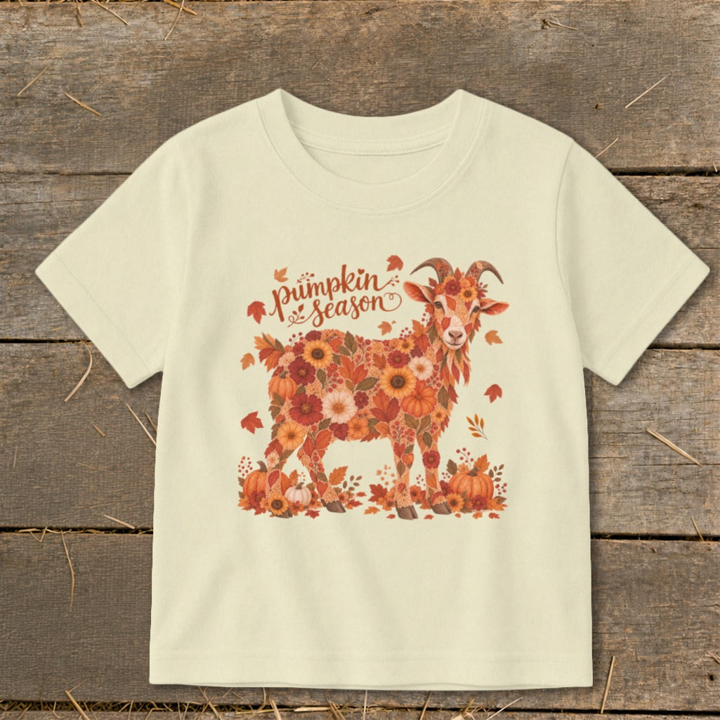 Cream t-shirt with a floral goat graphic and "pumpkin season" text.