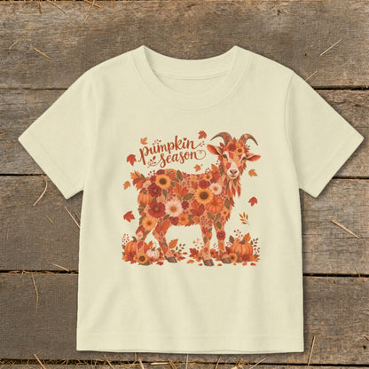 Cream t-shirt with a floral goat graphic and "pumpkin season" text.