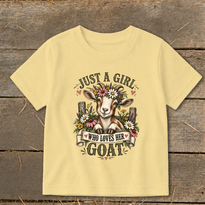 T-shirt graphic: goat with floral crown, text "JUST A GIRL WHO LOVES HER GOAT."