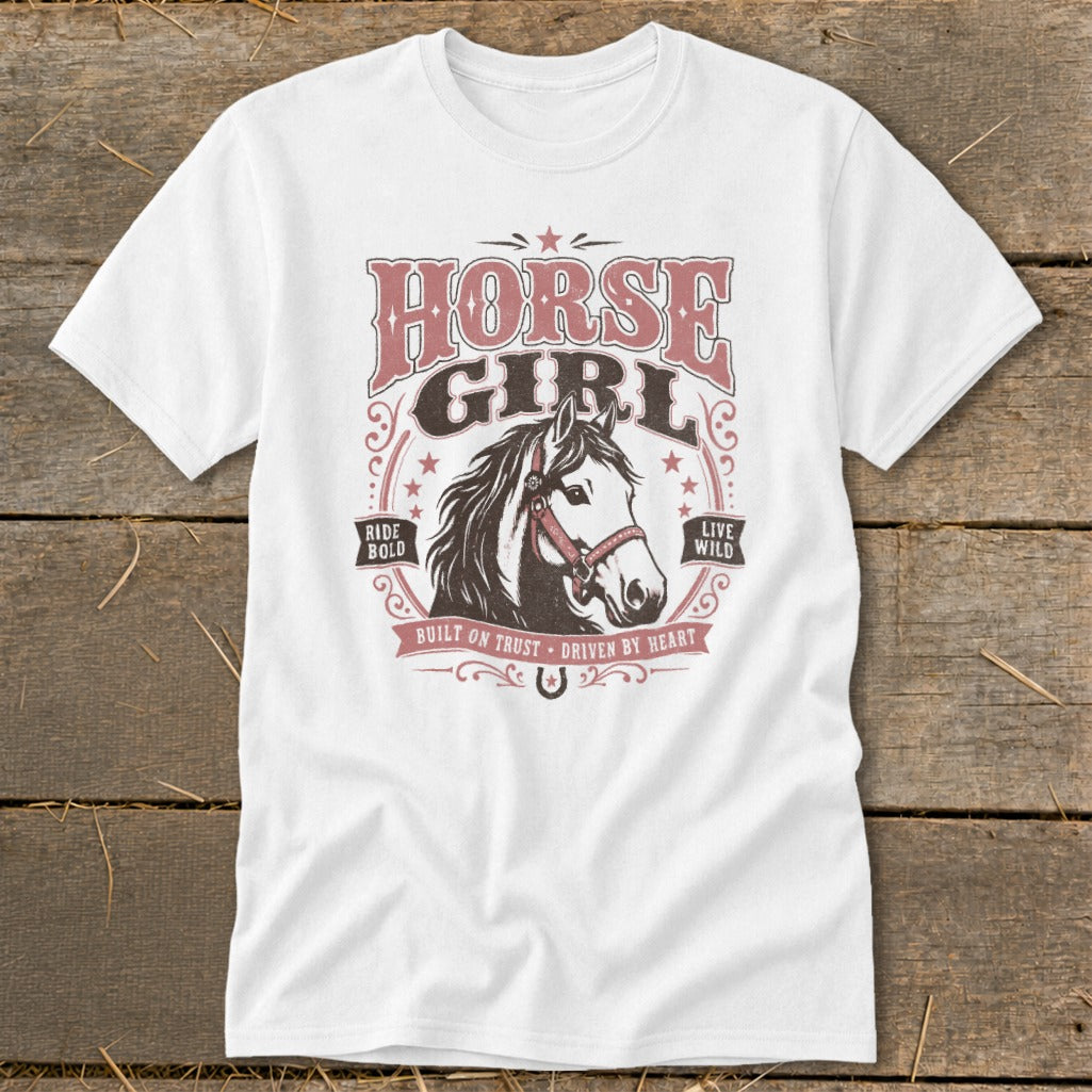 White t-shirt with "Horse Girl" text and horse graphic.