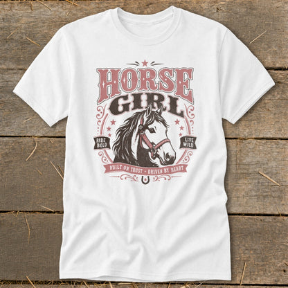 White t-shirt with "Horse Girl" text and horse graphic.