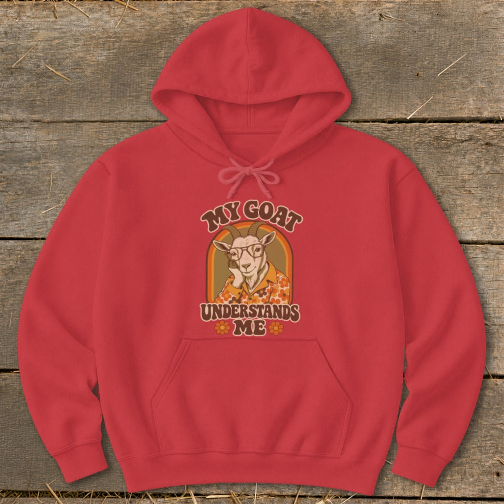 Red hoodie with "My Goat Understands Me" text and a goat wearing glasses.