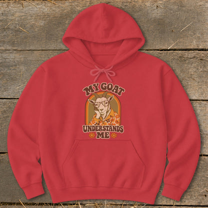 Red hoodie with "My Goat Understands Me" text and a goat wearing glasses.