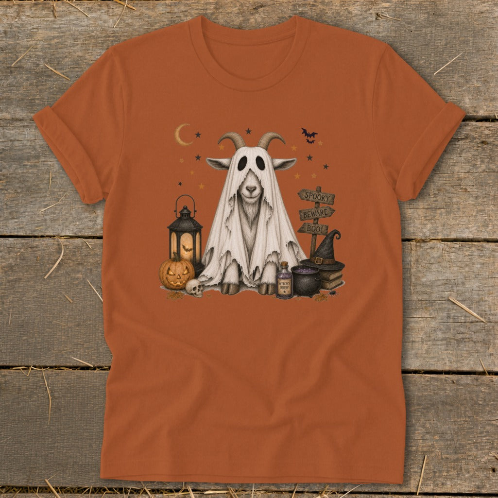 Goat in ghost costume with Halloween elements and spooky signs.