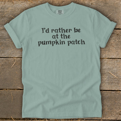 Dusty blue t-shirt with black text "I'd rather be at the pumpkin patch".