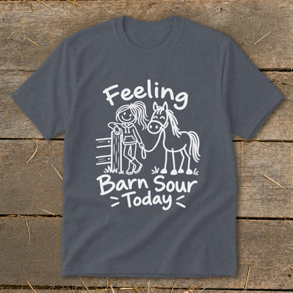 White graphic on dark gray t-shirt with girl, horse, and text "Feeling Barn Sour Today".