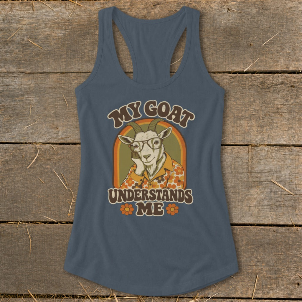 Tank top with retro goat graphic and text "My Goat Understands Me".