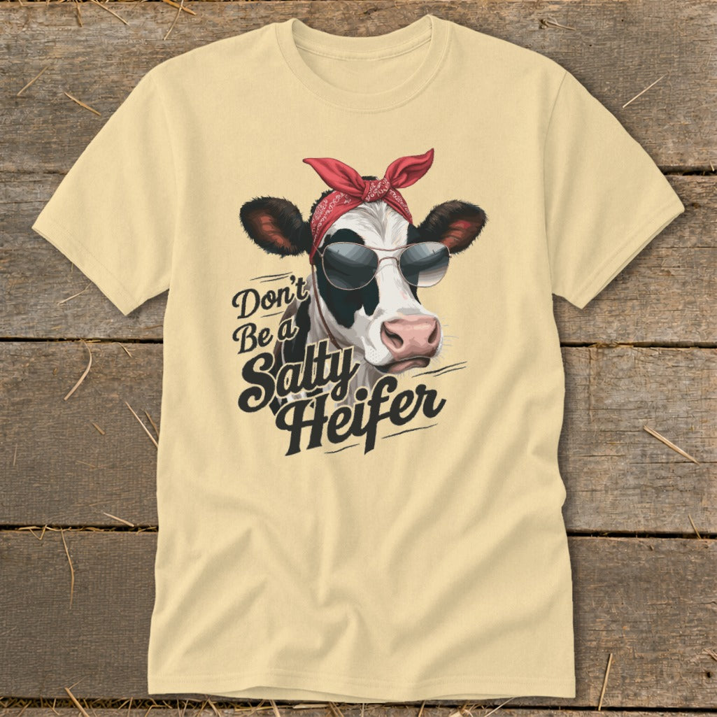 Cow wearing sunglasses and bandana with text "Don't Be a Salty Heifer".