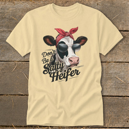 Cow wearing sunglasses and bandana with text "Don't Be a Salty Heifer".