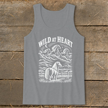 Gray tank top with "Wild at Heart" text and horse graphic.