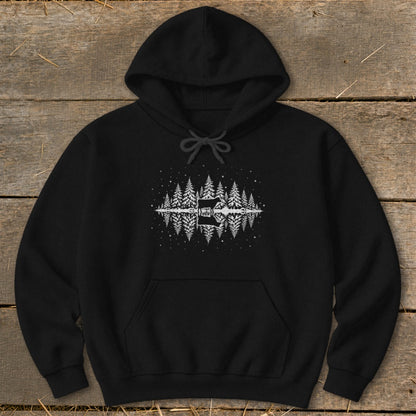 Black hoodie with white forest and cow reflection graphic on chest.