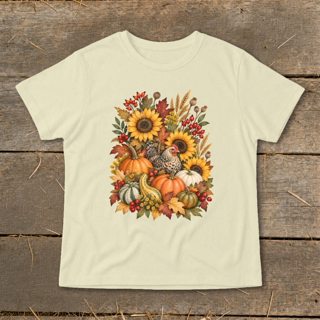 Cream t-shirt with a watercolor fall harvest graphic featuring pumpkins, sunflowers, and chickens.