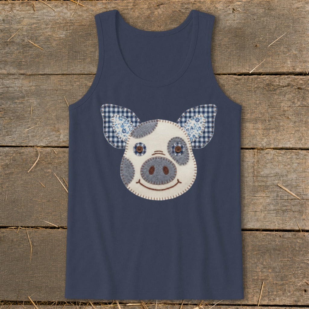 Navy tank top with a stitched pig face applique featuring checkered ears.