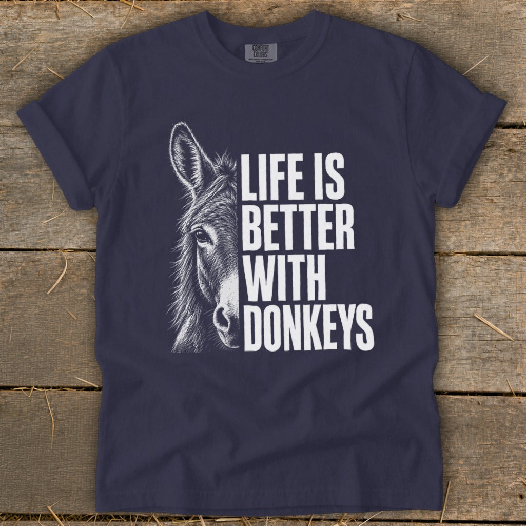 Navy t-shirt with donkey graphic and "Life is Better With Donkeys" text.
