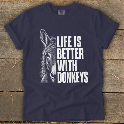 Navy t-shirt with donkey graphic and "Life is Better With Donkeys" text.