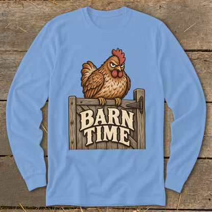 Brown chicken perched on a wooden sign reading "BARN TIME".