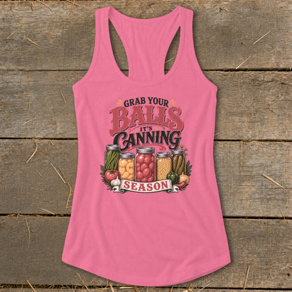 Pink tank top with "Grab Your Balls, It's Canning Season" text and jars of preserves.