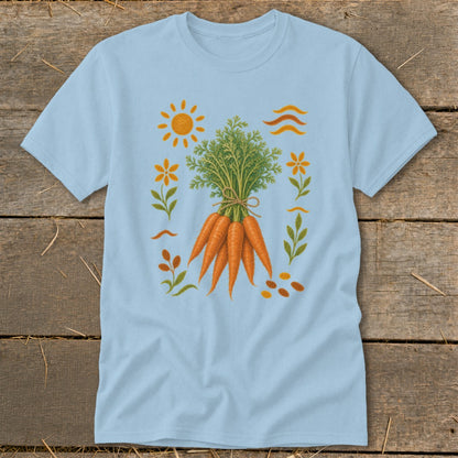 Light blue t-shirt with a vintage-style illustration of a bunch of carrots.