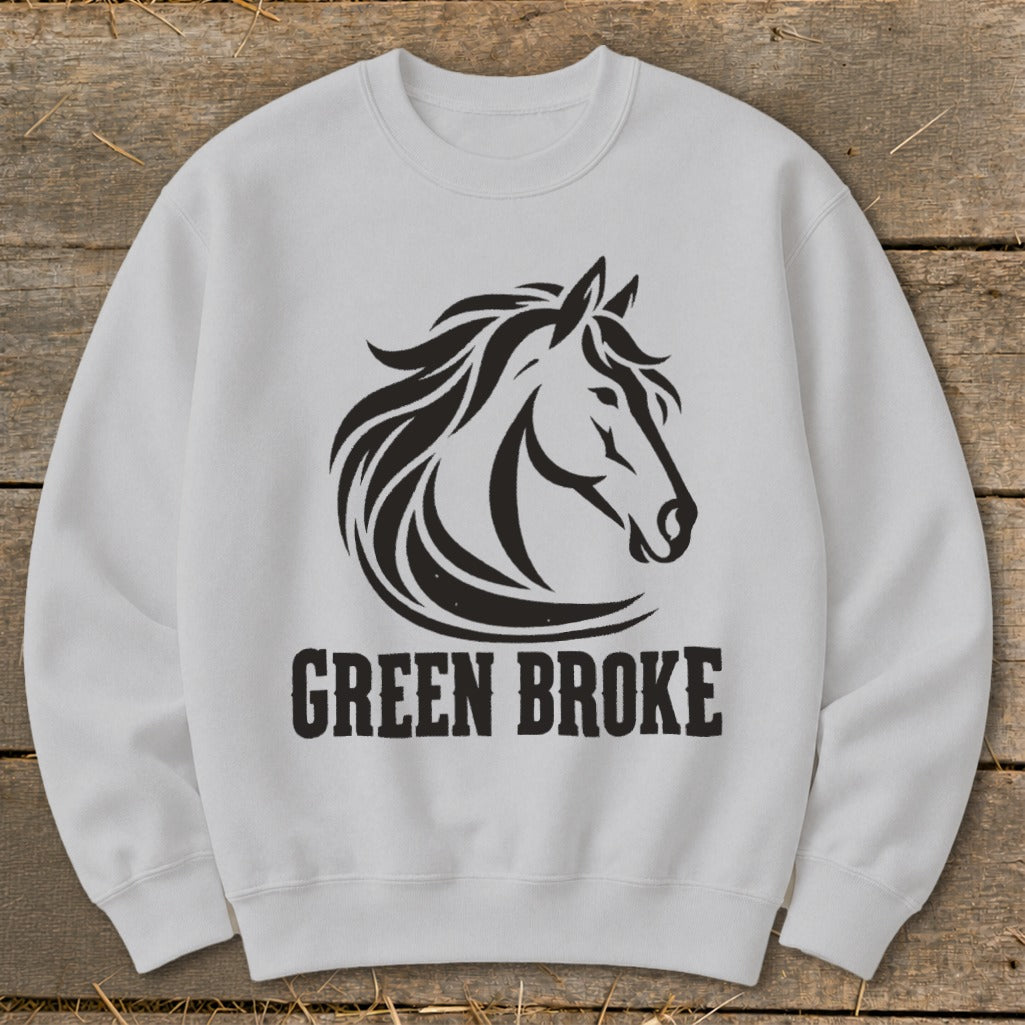 Light gray crewneck sweatshirt featuring a black graphic of a horse head and the text GREEN BROKE.