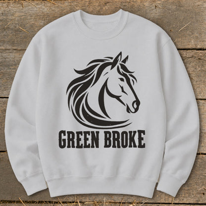 Light gray crewneck sweatshirt featuring a black graphic of a horse head and the text GREEN BROKE.