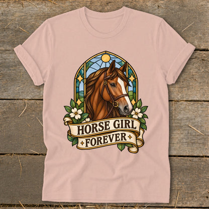 Brown horse head in stained glass design with banner reading "HORSE GIRL FOREVER".