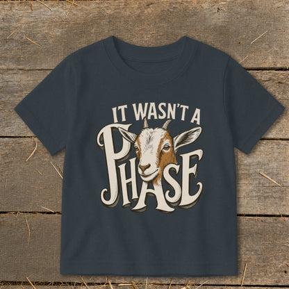 Dark grey t-shirt with text "IT WASN'T A PHASE" and a goat's head.