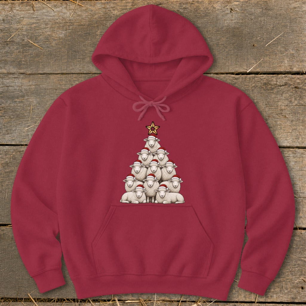 Maroon hoodie with a Christmas tree shape made of sheep wearing Santa hats.