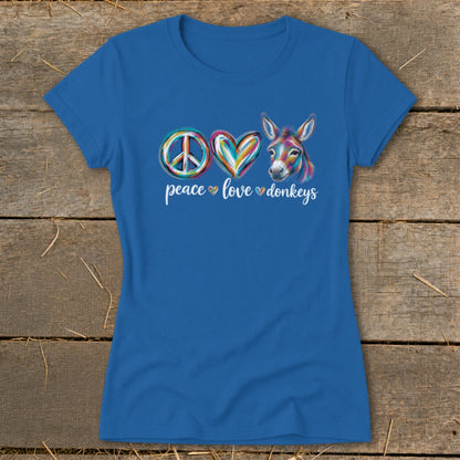 Blue t-shirt with peace sign, heart, and donkey graphic and text.