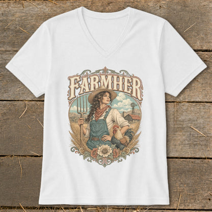 White t-shirt with "FARMHER" text, woman with pitchfork, rooster, and farm background design.