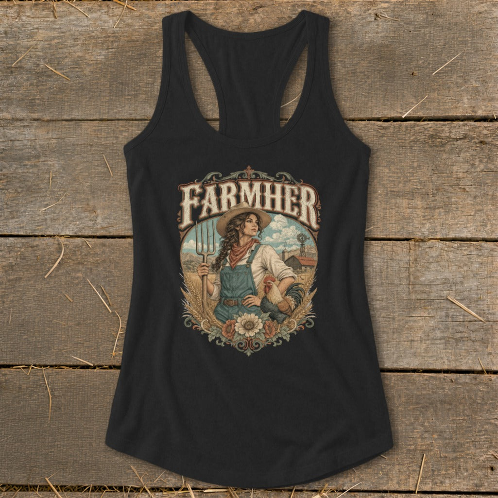 Black racerback tank top with "FARMHER" text, woman with pitchfork, rooster, and farm scene.