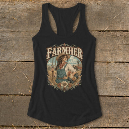 Black racerback tank top with "FARMHER" text, woman with pitchfork, rooster, and farm scene.
