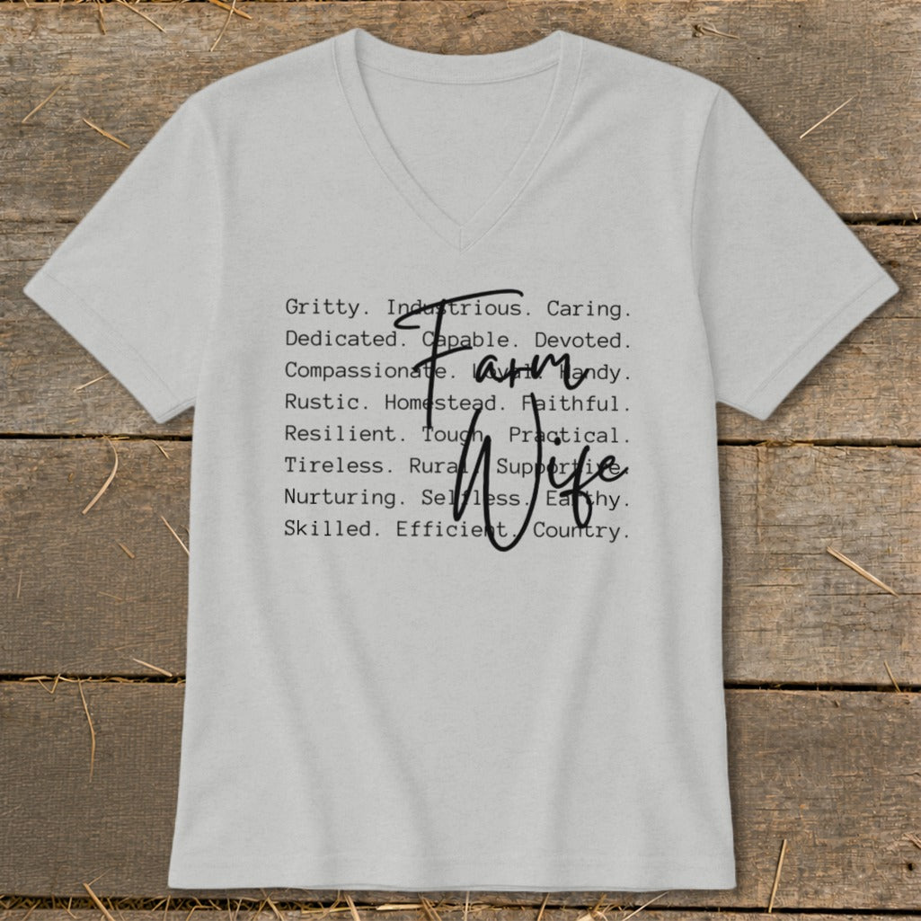 Gray v-neck t-shirt with text "Farm Wife" and descriptive words.