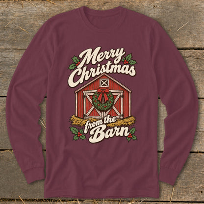 Merry Christmas from the Barn text with barn and wreath graphic on burgundy shirt.