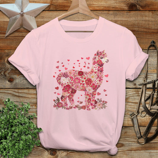 Floral Alpaca Design Pink T-Shirt for Animal Lovers