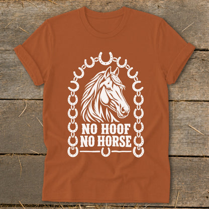Orange t-shirt with white horse head graphic and "NO HOOF NO HORSE" text.