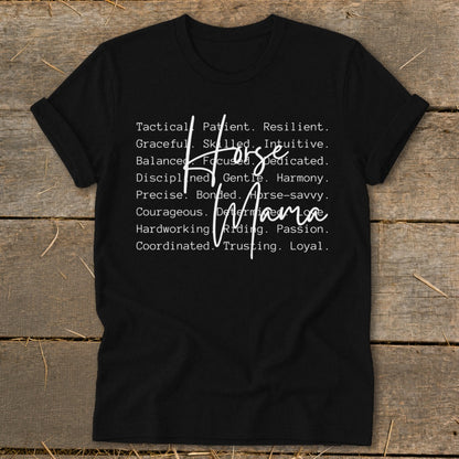 Black t-shirt with "Horse Mama" and descriptive words in white text.