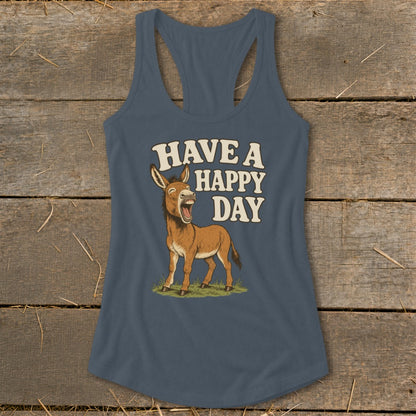 Blue tank top with a cartoon donkey and the text "HAVE A HAPPY DAY".