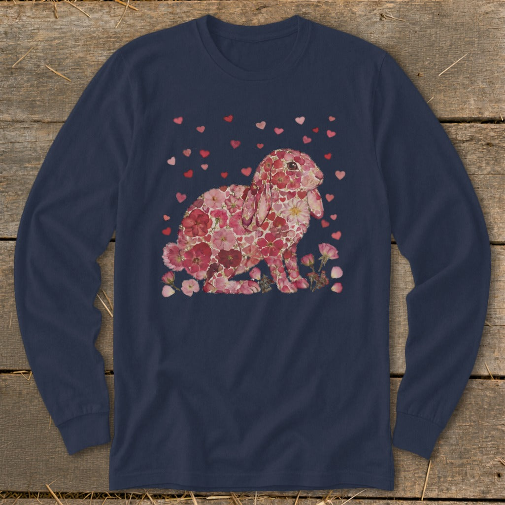 Long-sleeved navy t-shirt with a bunny made of pink flowers and scattered red hearts.