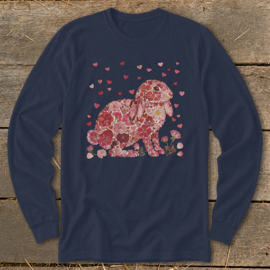 Long-sleeved navy t-shirt with a bunny made of pink flowers and scattered red hearts.