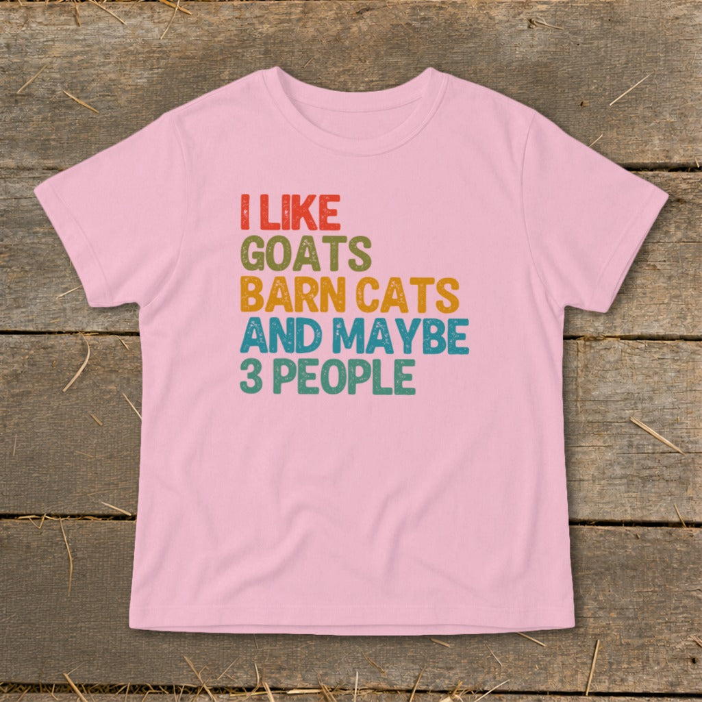 Pink t-shirt with text "I like goats barn cats and maybe 3 people."