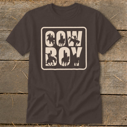 Brown t-shirt with "COW BOY" text and six cowboy silhouettes riding horses.